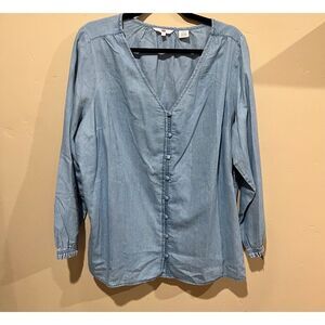 Levi's Denim Oversized Collarless Vneck Top, Size 1X. Flawless. Cinched‎ Wrist.